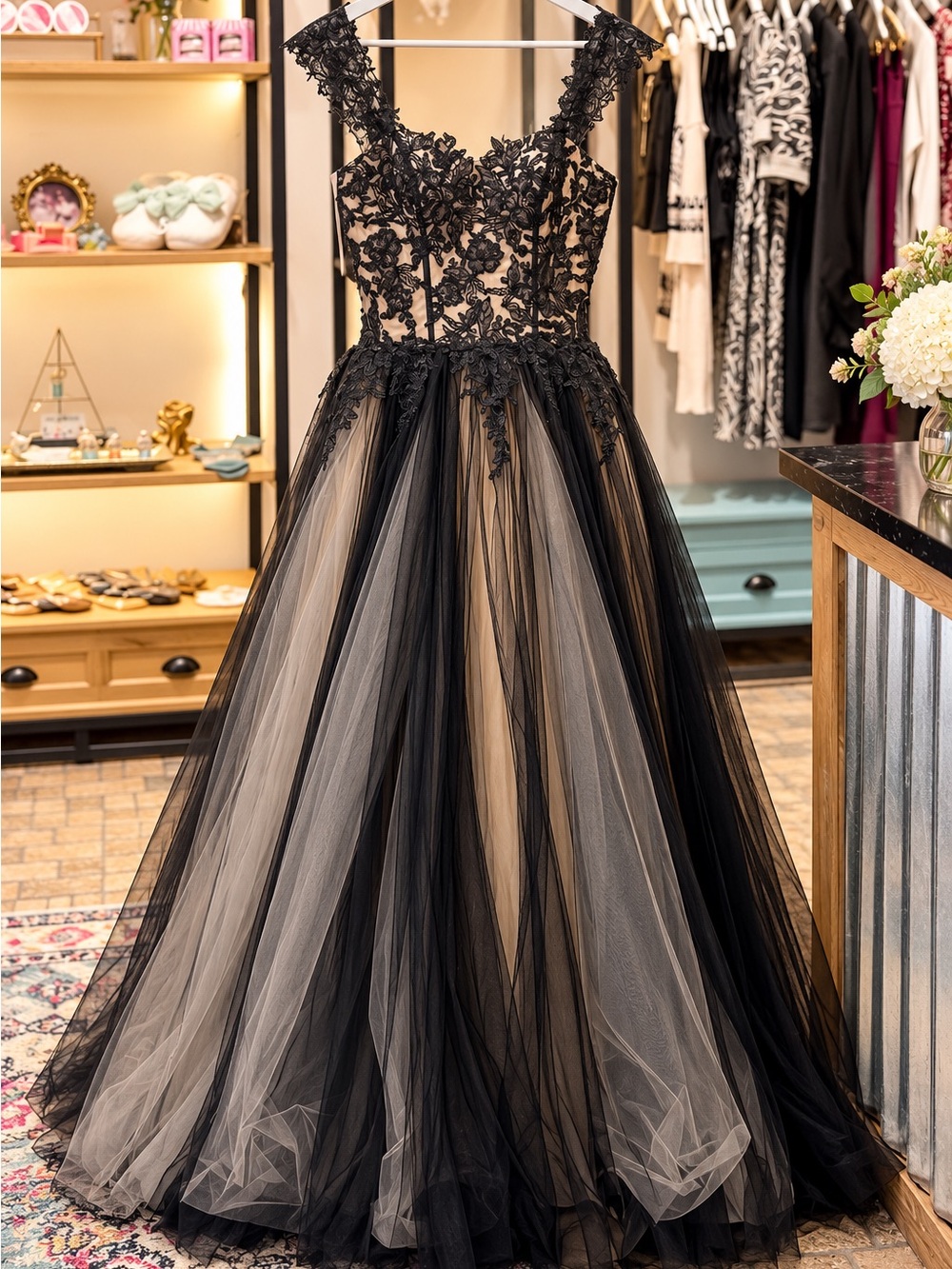 JJs House Black Lace over Nude Tulle A-Line Prom Gown